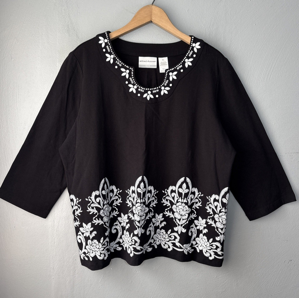Alfred Dunner Tee Top Size PL Petite Large 3/4 Sleeve Black White Beaded Chic